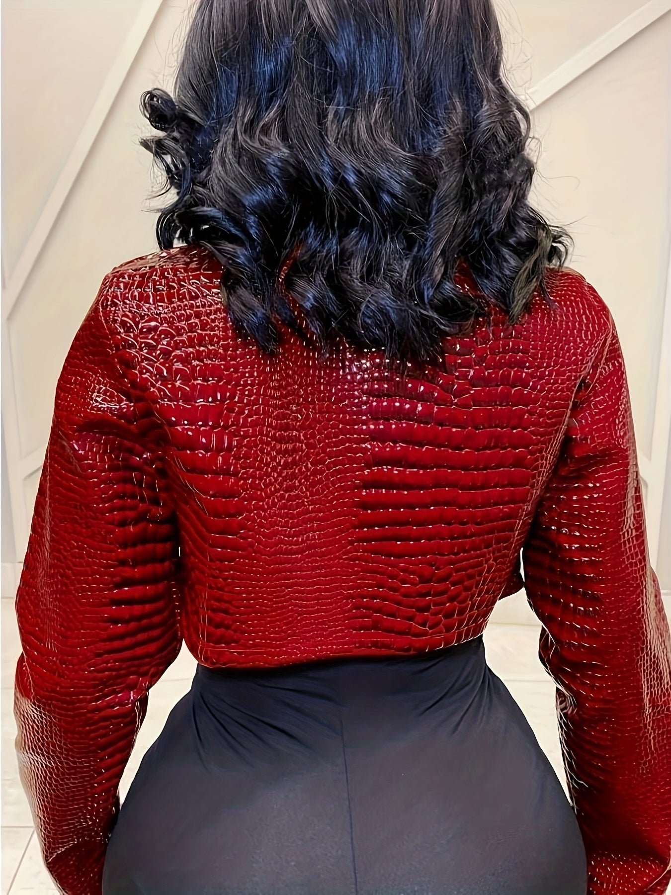 Women's Red Crocodile-Embossed PVC Casual Jacket - Long Sleeve Short Length, Crew Neck, Non-Stretch Regular Fit with Split Hem, Spring & Fall Outerwear for Casual Outings, Sophisticated Craft, Outdoor Fashion, Textured Finish