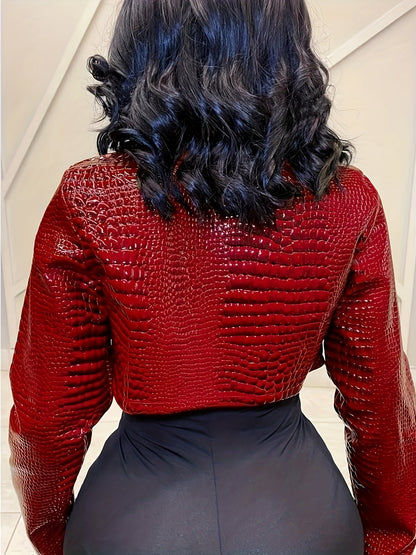 Women's Red Crocodile-Embossed PVC Casual Jacket - Long Sleeve Short Length, Crew Neck, Non-Stretch Regular Fit with Split Hem, Spring & Fall Outerwear for Casual Outings, Sophisticated Craft, Outdoor Fashion, Textured Finish