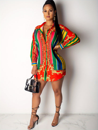 Ladies' Casual Shirt Dress with Colorful Striped Long Sleeved Shirt Dress