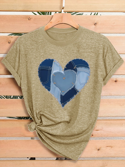 Women'S Fashion Graphic Tee, Theme Party Outfit, Local Warehouse Item, T Shirt For Women, Women Clothing Style, Heart Print Casual Top, Comfortable Blend Fabric, Breathable, All-season, Crew Neck, Short Sleeve, Machine Washab