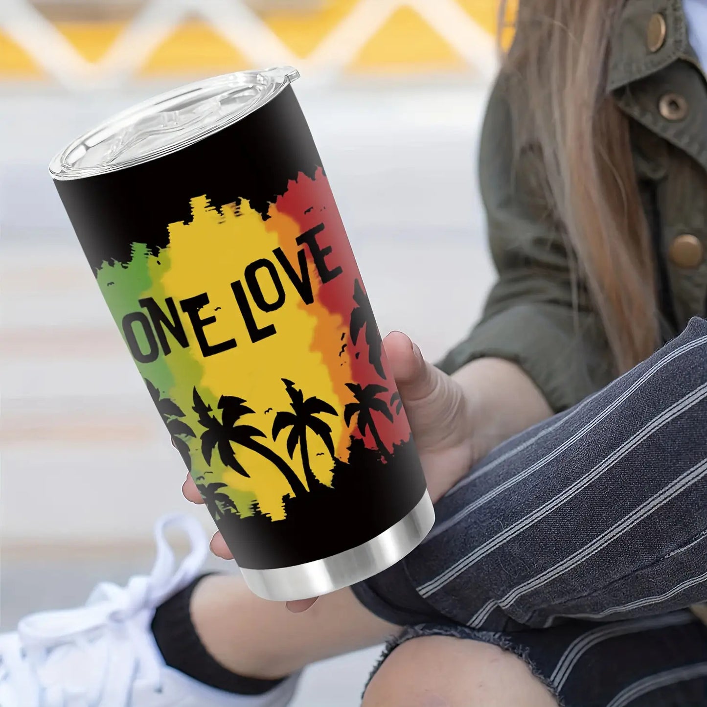 1-Pack 20oz Insulated Stainless Steel Tumbler with Lid - One Love Reggae-Themed Leakproof & -Slip Travel Cup, Green/Yellow/Red Rasta Colors, Flag Design for Camping, Office, Parties - Hand Wash Only (Bob Marley Inspired)