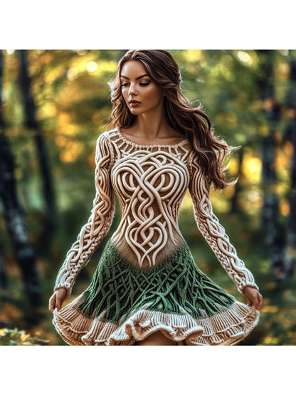 Plus Size - Autumn and Winter New Dress | Casual Versatile Temperament Fashion Slim Retro Fried Dough Twists Long Sleeve Women'S Wear, Midi Length, Slight Stretch Fabric, Lapel Collar, Weekend Casual Style.