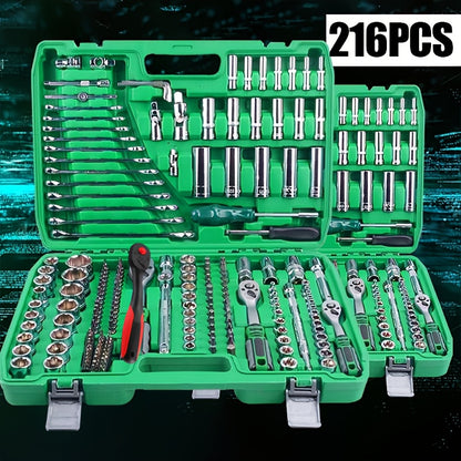High-End Professional 216/53pcs Mechanic Tool Set, 1/2 *1/4" 3/8 "Drive Depth And Standard Sockets, Ratchet Wrench Set, Torque Wrench, Mechanictool Kits for Auto Parts Repair And Household Mechanical Tool Kit, for Car Bike Re