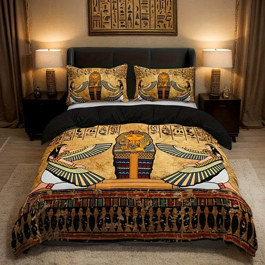 Timeless Design, Egyptian Pharaoh 3pcs Ancient Egyptian Art Quilt Cover Set (1 Quilt Cover + 2 Pillowcases, Pillow Core Not Included), Soft And Breathable HD Printed Bedding Set, Soft And Breathable Duvet Cover And Pillowcase
