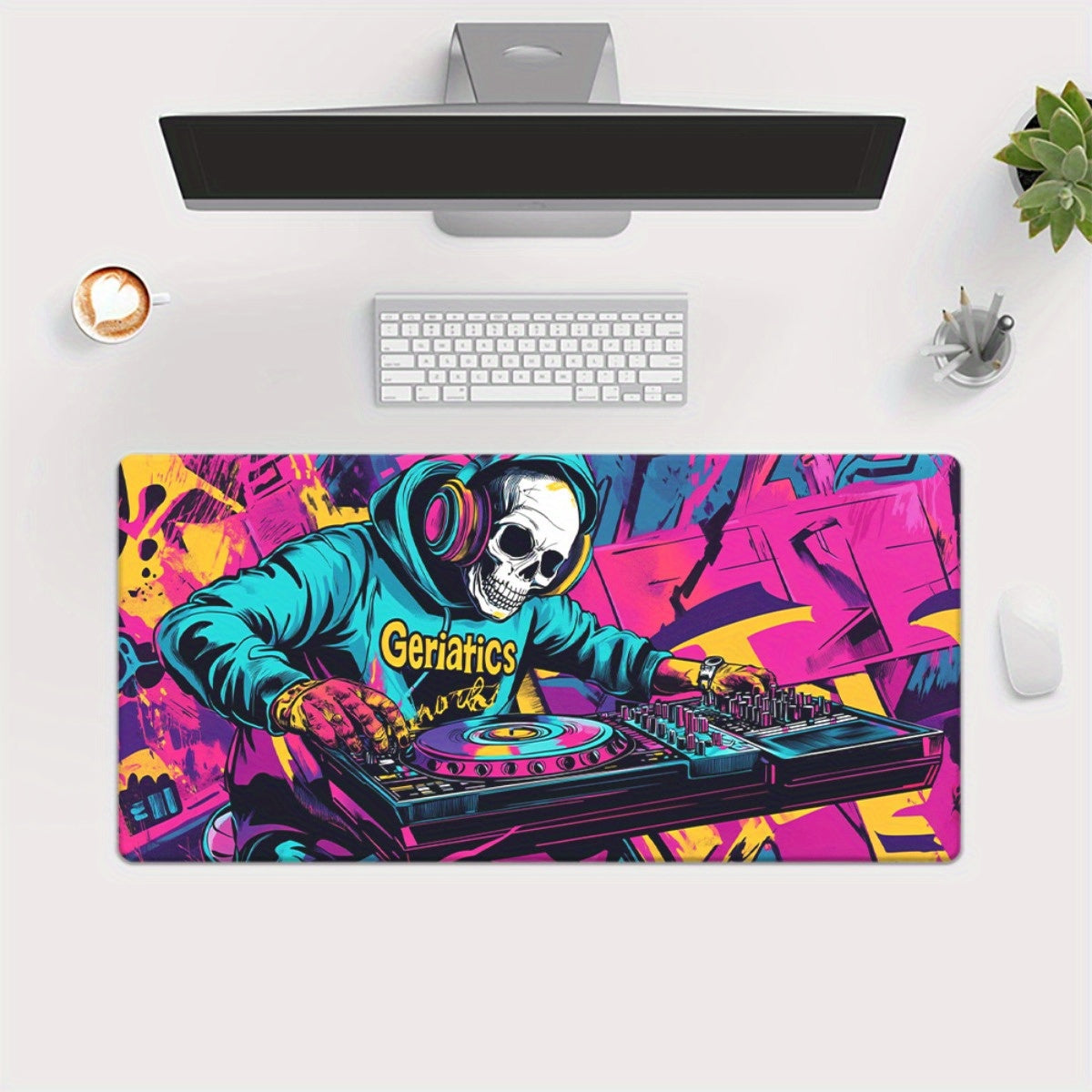 1pc Vibrant DJ Skeleton with Musical Notes HD Printed Desk Pad - XXL Mousepad, Keyboard & Gaming Mat, Rubber Base, Ideal for Office & PC Gamers, Perfect Gift for Family & Friends, Gaming Desk Accessory|Vibrant Desk Mat|Rubber