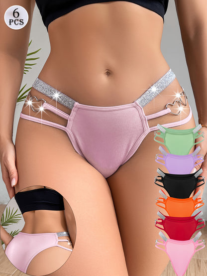 6pcs Women's Sexy Bikini Panties, Mixed Colour Heart Chain, Hollow Out, Glitter Waistband Elegant Luxury Thong, Romantic Dating & Party & Casual Attire Underwear, Women's G-string & Briefs