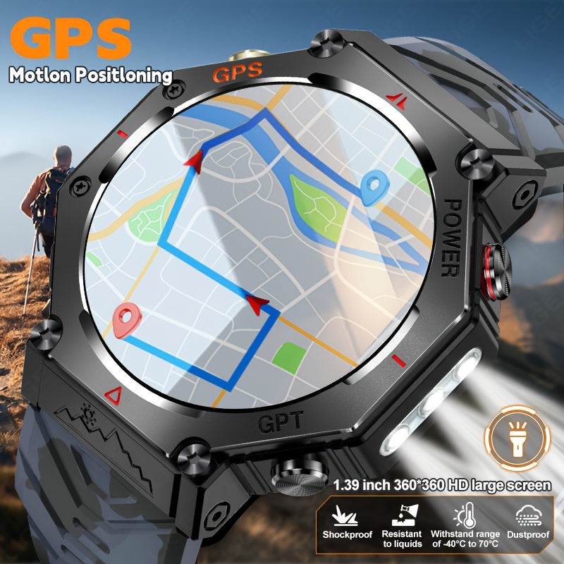 Men's Smartwatch - 1.39inch full touch HD Display, come with long range flashligh & GPS function, 530mAh large battery capacity, Wireless Calls/dial, compass, Music Control, massive sports modes, Zinc Alloy Case, Silicone and