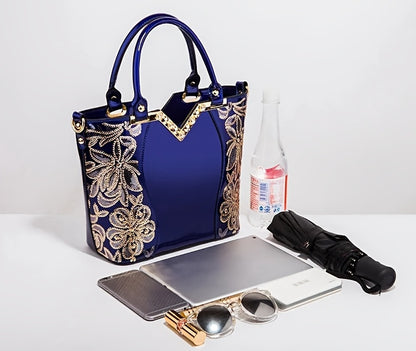 Designer Floral Embroidery Patent Leather Handbag for Women, Large Capacity Shoulder Tote with Zipper Closure, Polyester Lined, Paint Detail, Party Bag