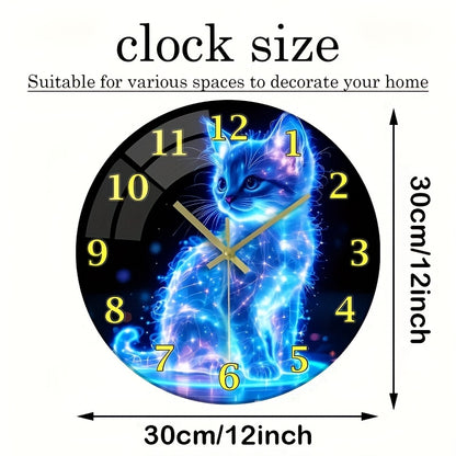 One 12-inch glowing neon cat silent wall clock - stunning blue galaxy kitten design, made with thick tempered glass, perfect for home and kitchen decor, Valentine's Day or anniversary gift. Batteries not included, cat-themed