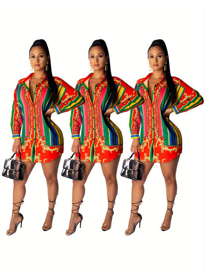 Ladies' Casual Shirt Dress with Colorful Striped Long Sleeved Shirt Dress