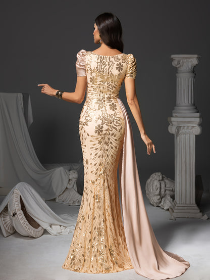 [V-Neck Puff Sleeves] Elegant Champagne Floral Print Mermaid Dress with Sequin Detailing, V-Neck & Puff Sleeves - Long Formal Gown for Weddings, Parties, and Special Occasions, Wedding Guest Dress | Vneck Dress | Sequin Embel