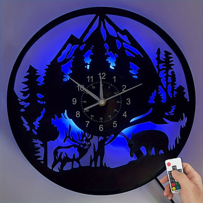 LED Lighted Forest Night Glow Wall Clock with Bear & Moose Silhouette - Modern Cabin Decor, Large Easy-Read Black Hands, Durable Vinyl Round Clock for Living Room, Bedroom, Office - Ideal Gift for Christmas, Birthday, Mother'
