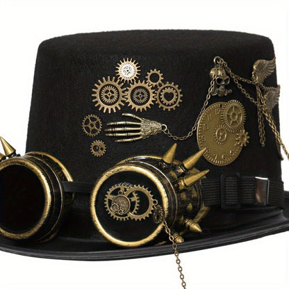 Steampunk Top Hat with Metal Chain and Goggles - Victorian Headdress Costume Accessory for Women - Perfect for Halloween and Cosplay