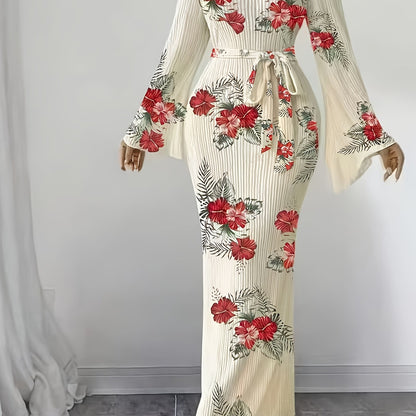 Women's Elegant Pleated Fabric Flared Long Sleeve Dress for Autumn and Winter