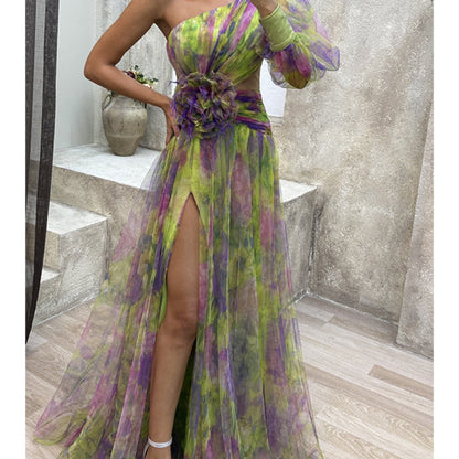 Hand Washable Solid Color Attire (No transparency) for prom & semi-formal Events - Women's One-Shoulder Mesh Dress Button Front Pencil Party Dress Spring/Autumn Wedding Guest Gown