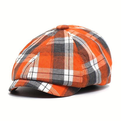 New Plaid Octagonal Hat, Vintage Artistic Newsboy Cap, Women'S Casual Beret, British Style, Lightweight, Non-Stretch, with Random Printing Pattern, for Holida