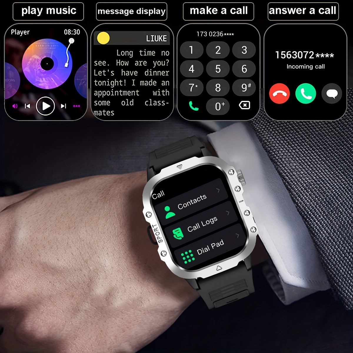 New Smart Watch 2.01 inch Large Screen LED Flashlight Outdoor Sports Watch Altimeter Barometer 100+Sports Mode Multimedia Information Viewing Weather Pedometer Fitness Tracker Compatible with Android for iphone Perfect Holida