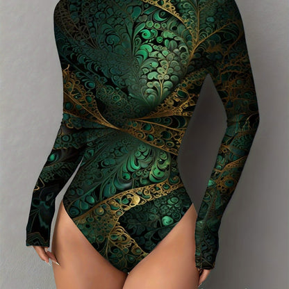Women's Thermal Long Sleeve Bodysuit with Emerald Fractal Art Print - Soft Round Neck Winter Jumpsuit, Solid Color Blouse for Layering, Machine Washable Fall & Christmas Outfit, Comfortable Versatile Basic Wardrobe Staple