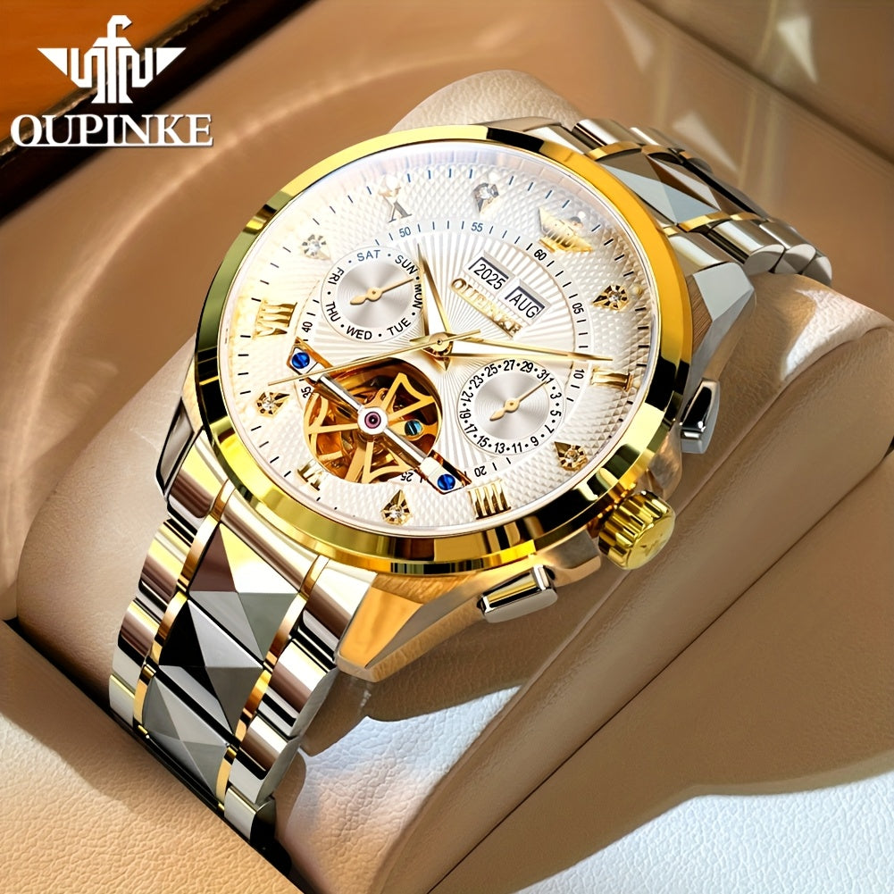 OUPINKE Men's Automatic Mechanical Watch with Dual Calendar (Day/Date), Luminous Hands & Roman Numeral - Luxury Business Watch, Analog Wristwatch with Mechanical Movement, No Required