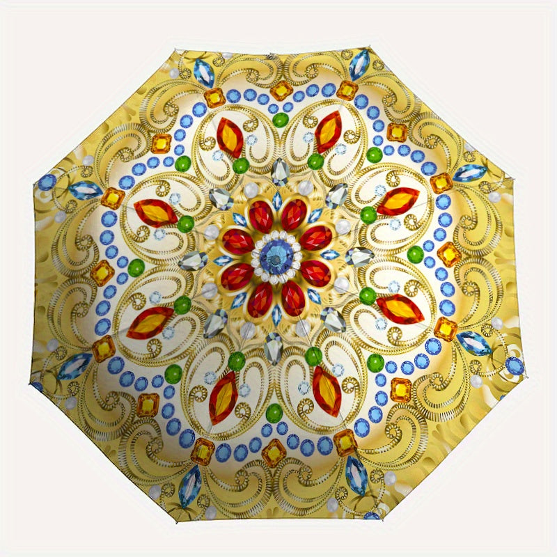 Automatic Open/Close Umbrella with Floral Pattern - Elegant Golden, Blue, Red, Green, White, Black, - Compact Folding Design, All-Season Portable Umbrella for Women & Men, Ideal Gift for Birthdays, Anniversaries, Travel - Aut