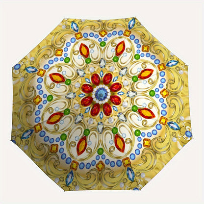 Automatic Open/Close Umbrella with Floral Pattern - Elegant Golden, Blue, Red, Green, White, Black, - Compact Folding Design, All-Season Portable Umbrella for Women & Men, Ideal Gift for Birthdays, Anniversaries, Travel - Aut