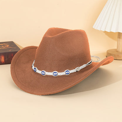 1pc Unisex Western Cowboy Hat with Blue Embellished Band - Lightweight All-Season Detachable Decorative Hat for Outdoor Travel, Parties & Festivals