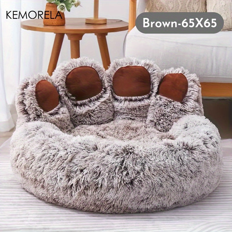 Bear Paw-Shaped Plush Pet Bed with Non-Slip Bottom - KEMORELA - Soft Polyester & Polyester Fiber Fill - Cozy Warm Cat & Dog Bed for Small Pets - Cute Animal-Themed Home Decor - Playful Design