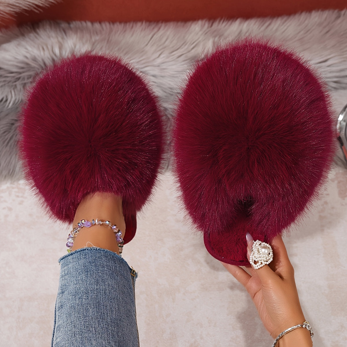 Women'S House Slipper, Indoor Slipper For Women, Slip-on Shoe For Women, Elegant Plush Furry Slippers With Non-slip Rubber Sole, Soft Warm Lining & Cozy Closed-toe Design, Korean Style Slip-on Slippers For Home, Office, Casua
