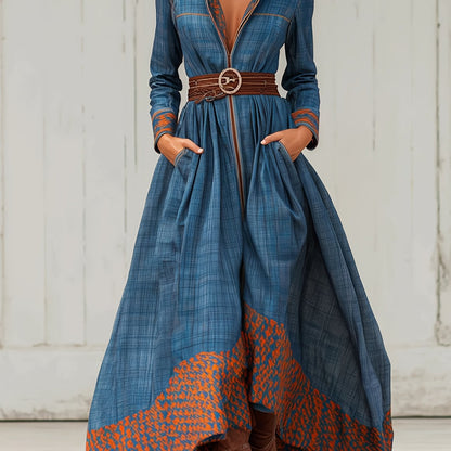 Western Retro Plaid Dress, Stand-up Collar, Zipper, Bohemian Ethnic Print, Fitted Waist, Full Skirt, with Pockets.