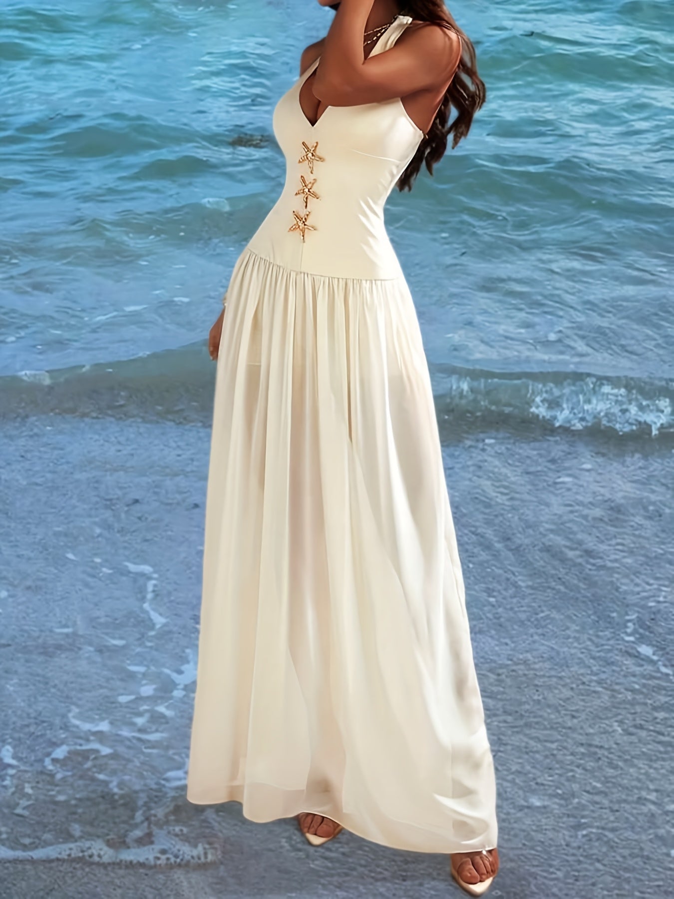 Women's Floor-Length White Sleeveless A-Line Maxi Dress with & A-Line Hem - Floor-Length Beach Dress with Layered Hem & Beltless Design, Machine Washable - Elegant Floor-Length Party Wedding Guest Dress, Structured Fit for Wo