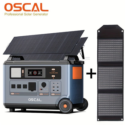 OSCAL PowerMax 6000 Solar Generator with 2x500W Solar Panels, 3600Wh/6000W Power Station, 120V/240V Split Phase Voltage AC Outlets (9000W Peak), 2400W Solar Charging