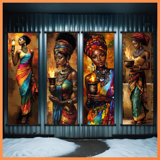 2D Flat, 2D/FLAT - 4pcs Vibrant African Tribal Art Wall Decor Set with Plastic Hooks, Easy to Hang – Perfect for Bedroom, Office, Living Room, Café Wall Decoration in Halloween Style, Halloween Wall Art, Indian Home Decor