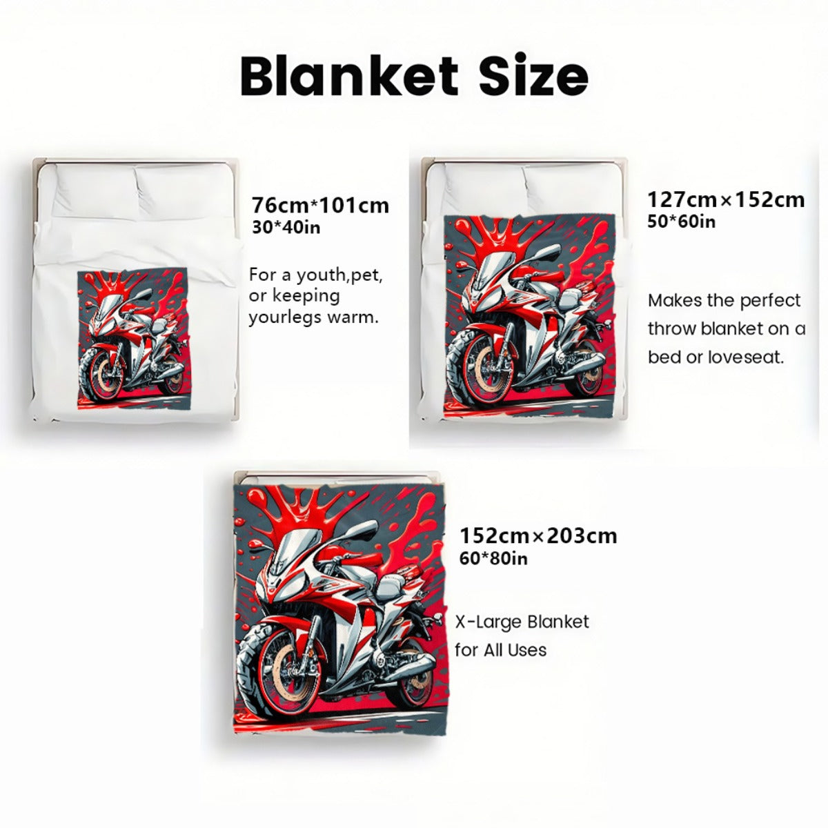 1pc Red Motorcycle HD Printed Blanket. Soft and Warm Flannel Blanket for Travel, Camping, Sofa, Livingroom, Couch, Chair, Bed. Gift for Family or Friends 280GSM 3 Sizes Available (30x40in/50x60in/60x80in)