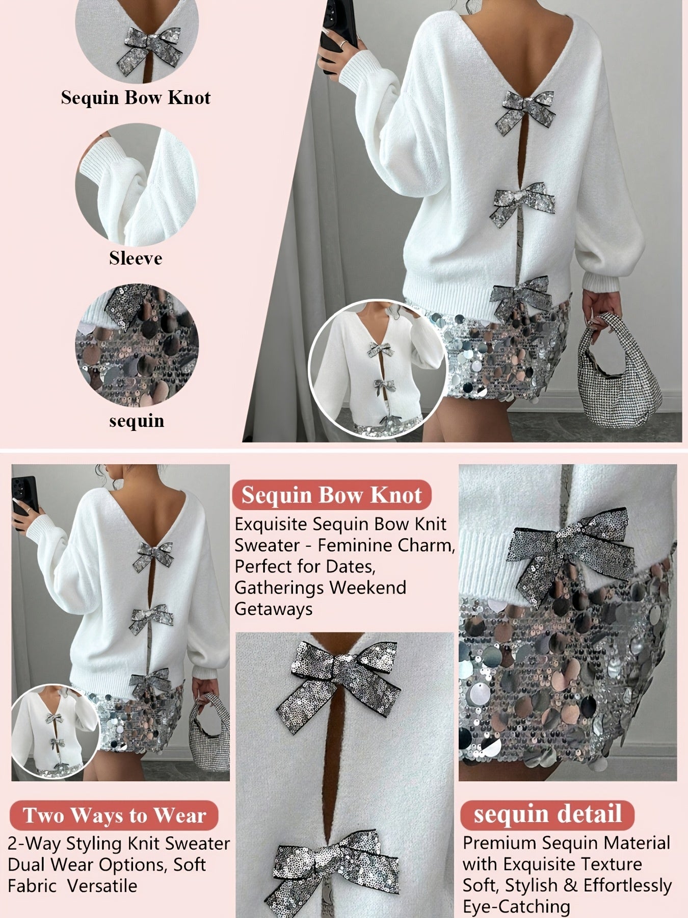 French-Style Sequin Bow-Adorned Loose-Fit Cardigan Sweater with Button Front Placket - Winter Warm Blouse, Casual Elegant Outerwear for Parties Weddings Daily Wear