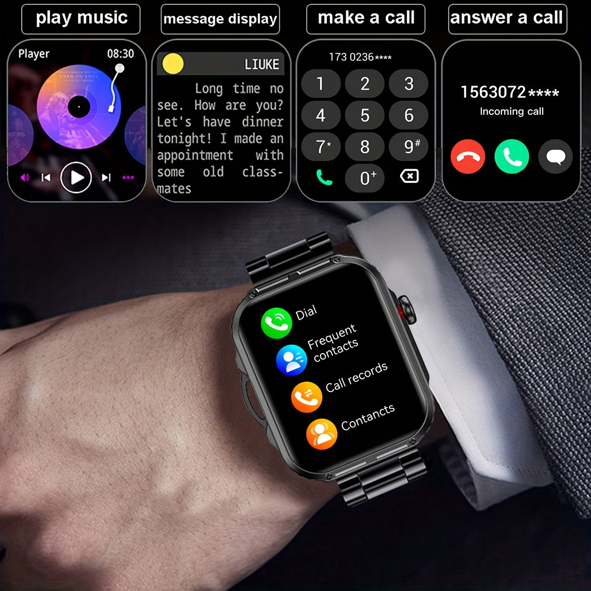 Wireless Calling Smartwatch, 2.02-inch 240P Resolution, Life, Wireless 5.3 Calls, Message Real-Time Alerts, Sedentary, Drinking Water, Alarm Clock Reminder, Accurate Exercise Data Recording, Built-in Flashlight, Multi-mode Co