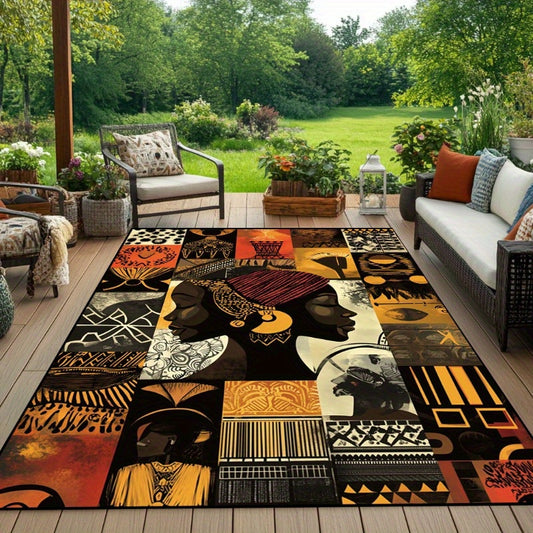 HKStorage Large Tribal - African-Inspired Rectangular with Mysterious Tribal Faces Print - Black Golden Beige Brown - Earthy Tones Boho Decor - Hand Washable for Living Room, Office, Dining Area (Multi-Color Options)