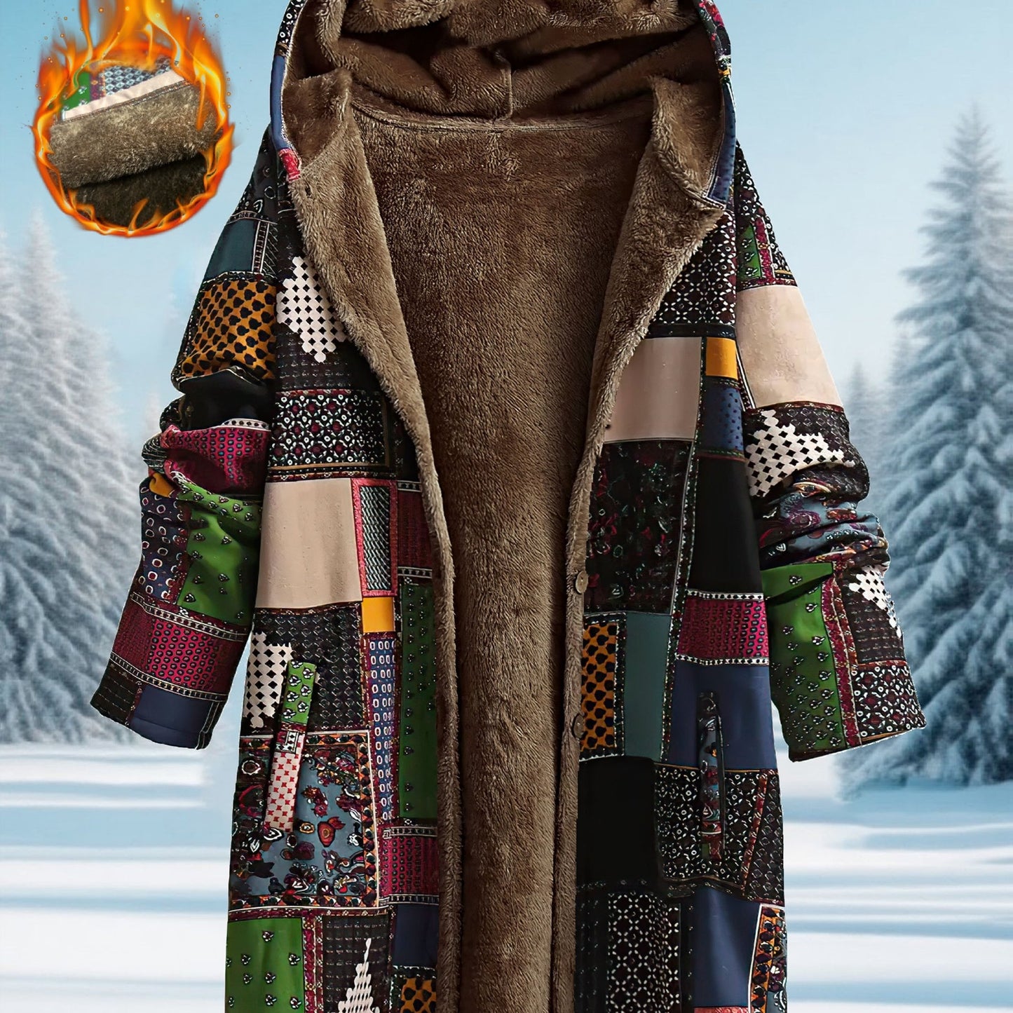 Women'S Cozy Fleece-Lined Hooded Jacket - Geometric Pattern Mid-Length Winter Coat with Pockets, Brown & Multicolor Design, Casual Style for Fall/Winter, Winter Coat