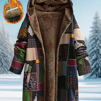 Women'S Cozy Fleece-Lined Hooded Jacket - Geometric Pattern Mid-Length Winter Coat with Pockets, Brown & Multicolor Design, Casual Style for Fall/Winter, Winter Coat