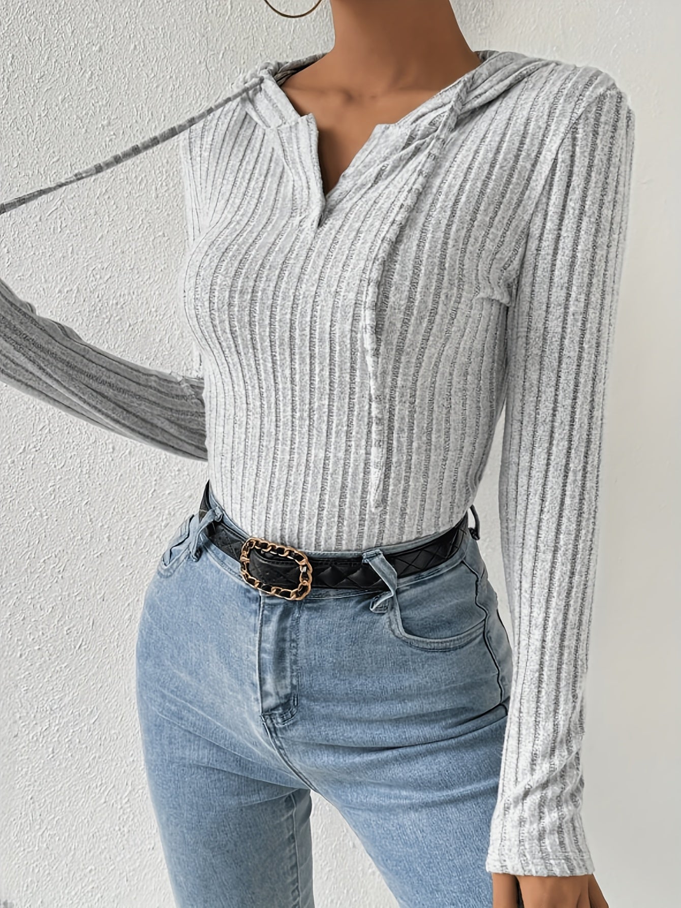 Simple Commuting Style Jumpsuit | V-Neck Drawstring Hooded Design with Vertical Stripes for, Suitable for Home Shopping, Dating, and Women'S Versatile Hooded Bodysuit