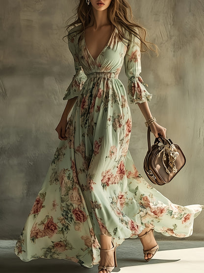 Bohemian Floral V-Neck Maxi Dress - Lightweight Chiffon Sundress Featuring a Stylish High Slit, Perfect for Festivals Or Beach Cover-Ups, with a Flowing Hem Ideal for Music Festivals And Holidays