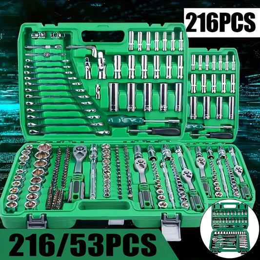 High-End Professional 216/53pcs Mechanic Tool Set, 1/2 *1/4" 3/8 "Drive Depth And Standard Sockets, Ratchet Wrench Set, Torque Wrench, Mechanictool Kits for Auto Parts Repair And Household Mechanical Tool Kit, for Car Bike Re