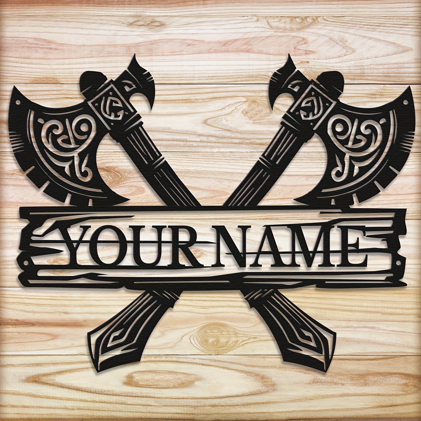 Custom Viking-Style Metal Wall Sign - Personalized Name with Crossed Axes Design, Black Aged Finish, Horizontal Rustic Metal Art for Living Room, Halloween, Christmas & Thanksgiving Home Decor