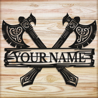 Custom Viking-Style Metal Wall Sign - Personalized Name with Crossed Axes Design, Black Aged Finish, Horizontal Rustic Metal Art for Living Room, Halloween, Christmas & Thanksgiving Home Decor