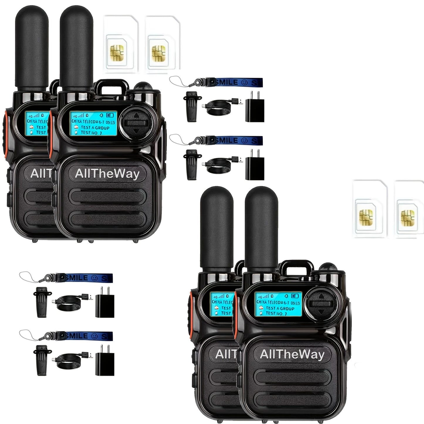 A set of 4 black global walkie-talkies for public use: 4G PoC walkie-talkies with powerful 4G signal, three types of lights that can be switched freely, easily covering 5000 kilometers, meeting the needs of home and professio