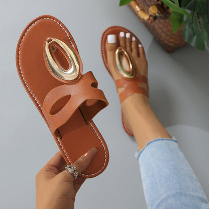 Women'S Roman Sandals with Metallic Buckle Strap - Slip-On Open-Toe Flat Sandals, PU Synthetic Cover Upper & Sole, Comfortable Casual Shoes for Casual Attire, Strappy Sandals, Everyday Footwear, Durable Footwear, Stylish Foot