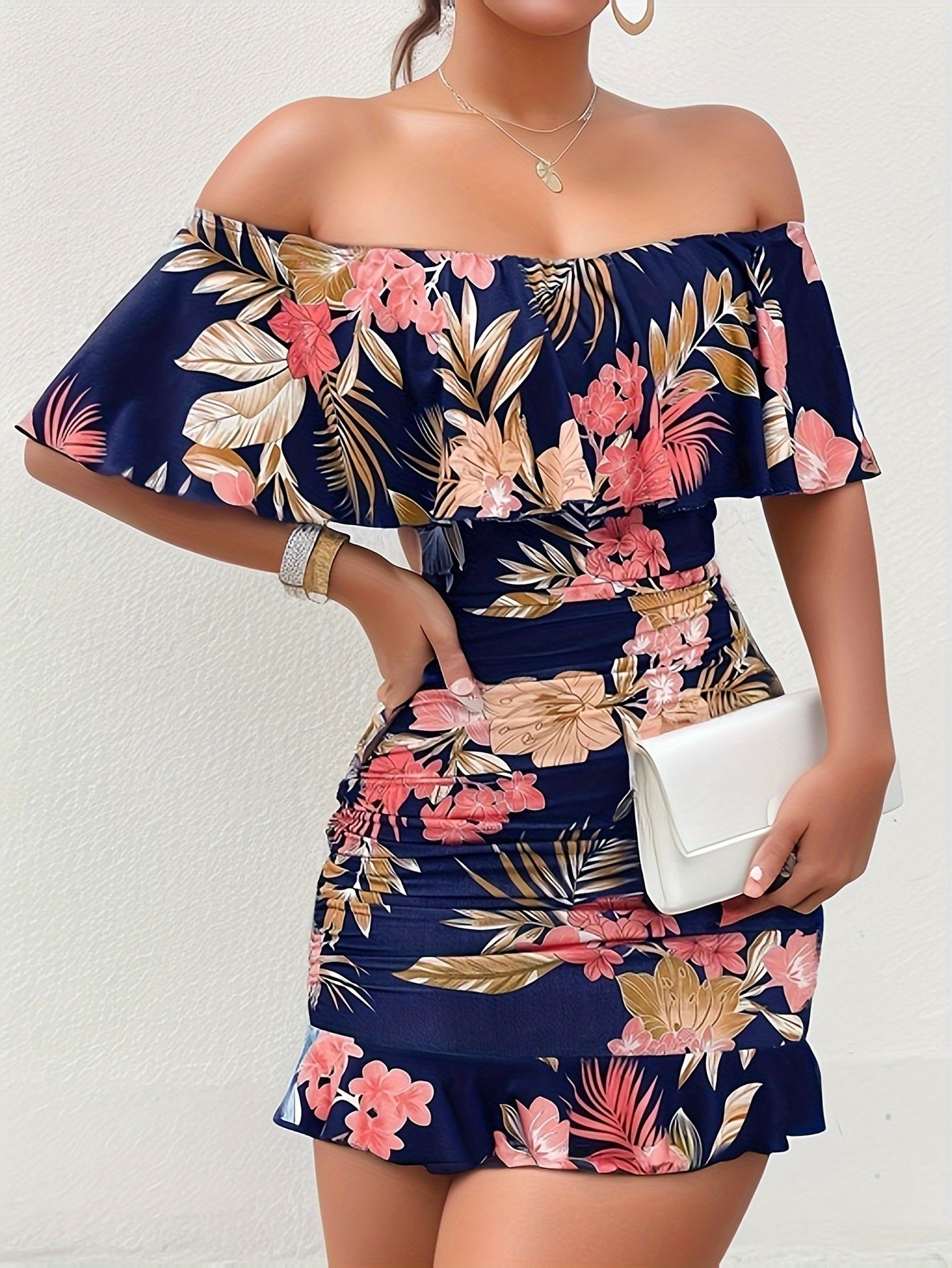 Floral Print Off Shoulder Dress, Sexy Ruched Bodycon Dress For Spring & Summer, Women's Clothing