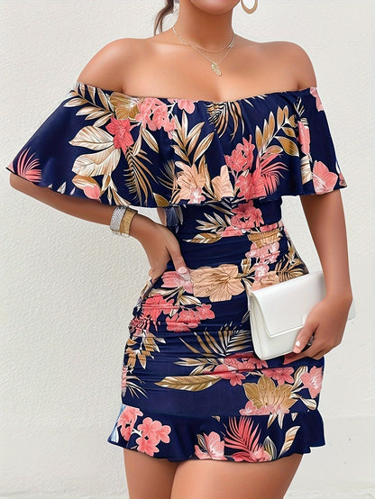 Floral Print Off Shoulder Dress, Sexy Ruched Bodycon Dress For Spring & Summer, Women's Clothing