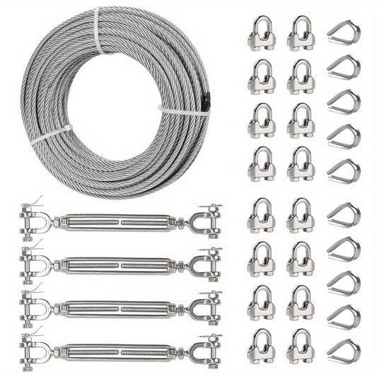 100ft 3 16 Wire Rope Kit Stainless Steel Cable with 4pcs 1 4 Turnbuckle Clamp and Thimble 3700lbs Breaking Strength 7x19 Strands Heavy Duty Cable for Zipline Deck Railing Trailers