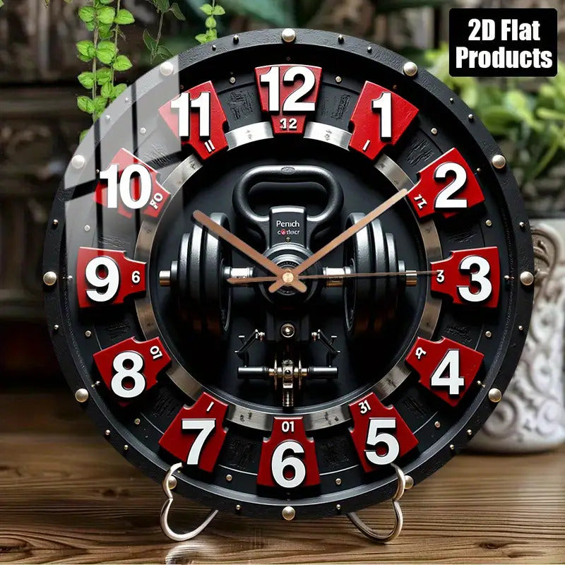 12 Inch Fitness-Themed Silent Wall Clock with Dumbbell Design - Quartz Battery-Powered Modern Gym Decor, Red/White Numbered Segments, Manual Shut-Off, Glass Round Clock For Home, Bedroom, Fitness Room Decor, Bedroom Timepiece