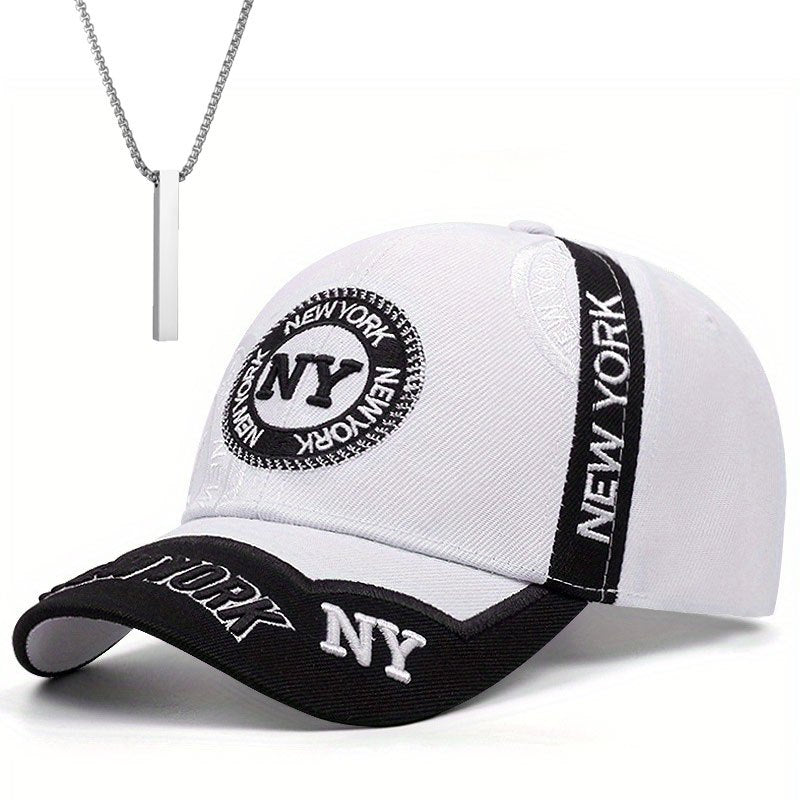 2pcs One Hat Plus One Necklace Men's Outdoor Full-Print Tactical Camouflage NY Pattern Baseball Cap and Faith Bar Pendant, Suitable for Climbing, Cycling Accessories, Christmas Party